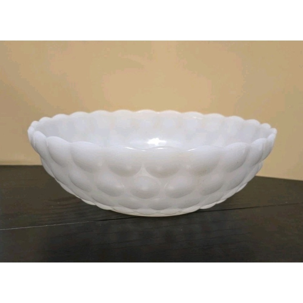 Vintage Anchor Hocking White Milk Glass Hobnail Bubble Pattern Serving Bowl